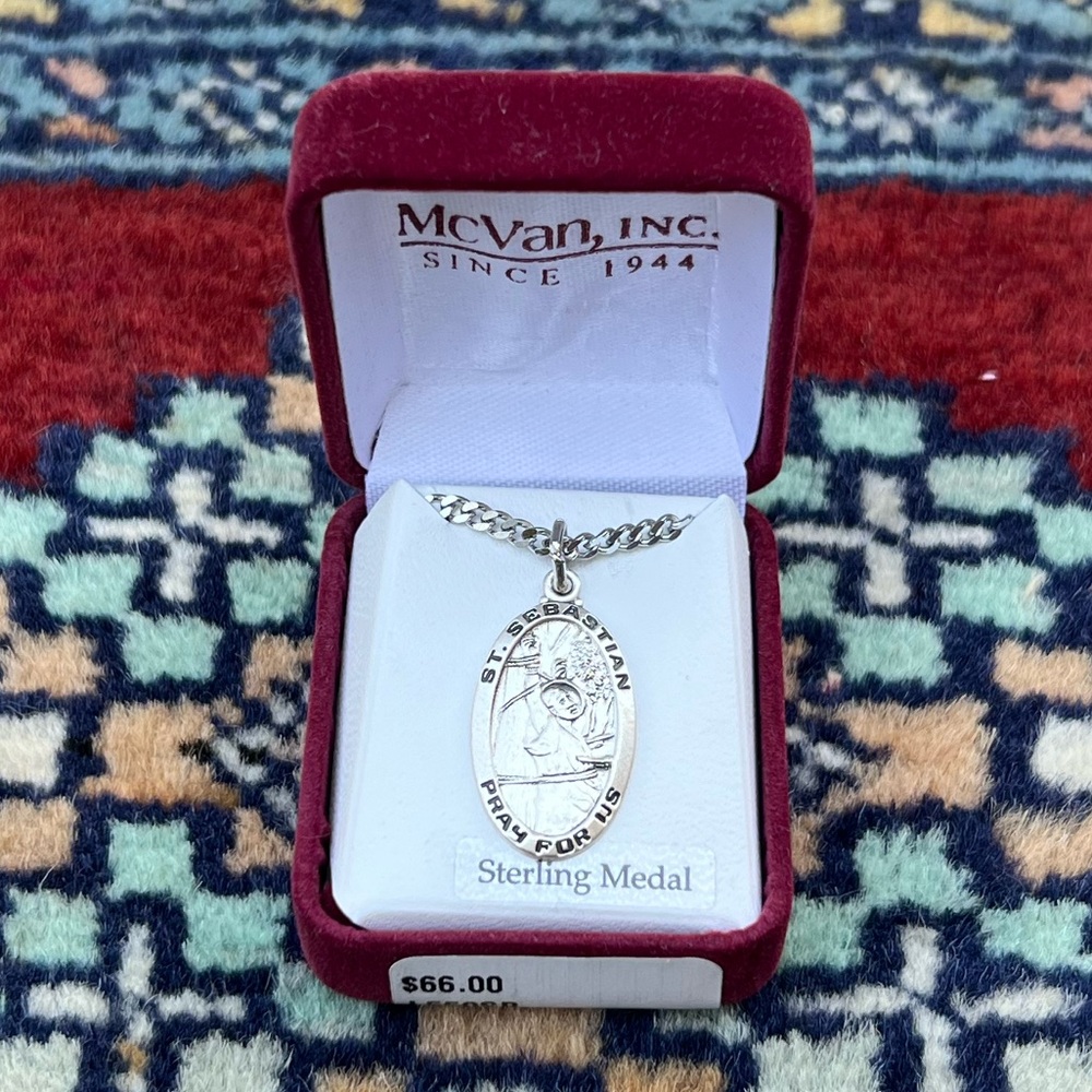 St. Sebastian Sterling Silver Oval Religious Medal Necklace 24” Curb Chain